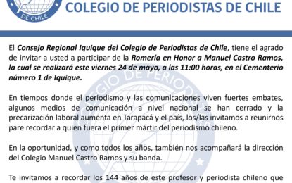 hoy se Relizara Romeria en honor a Manuel Castros Ramos invita el colegio de Periodistas de Chile