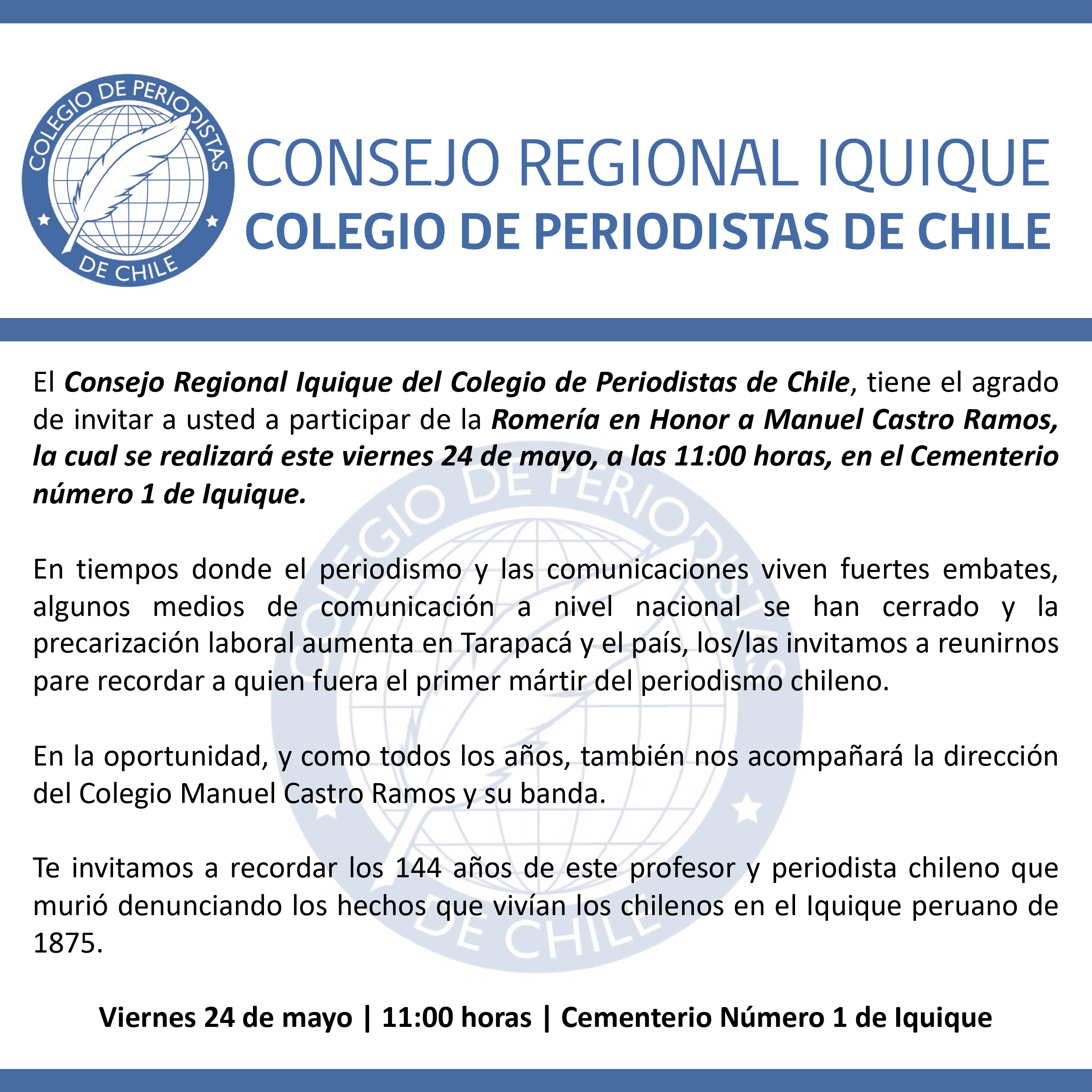 hoy se Relizara Romeria en honor a Manuel Castros Ramos invita el colegio de Periodistas de Chile