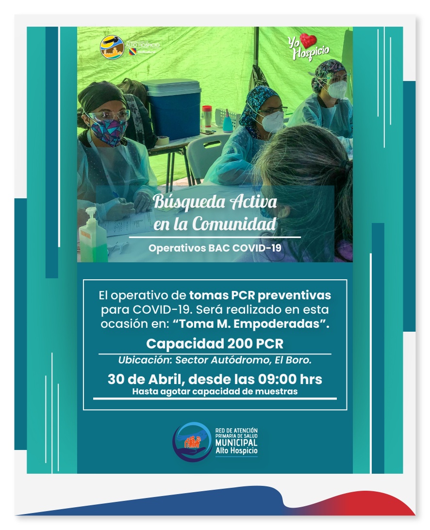 La Red de Atención Primaria de Salud de Alto Hospicio, realizará el 30 de abril un operativo PCR.