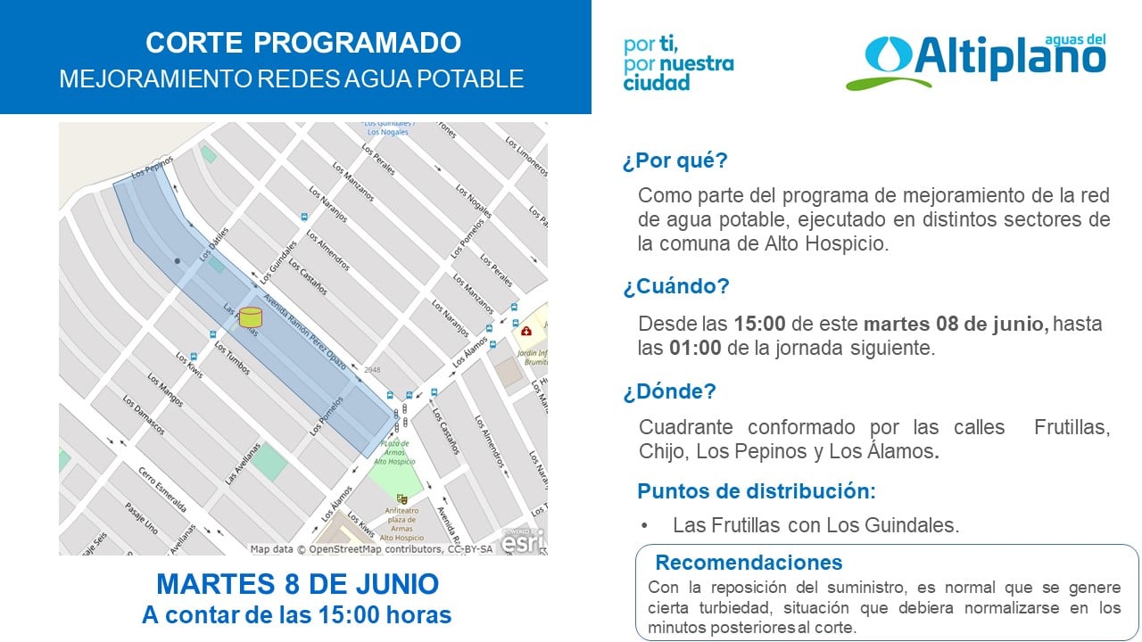 Aguas del Altiplano anuncia corte programado para el sector céntrico de Alto Hospicio