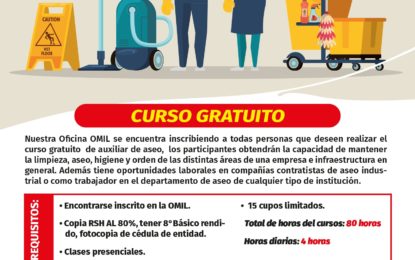 Omil MAHO invita a curso gratuito de auxiliar de aseo.