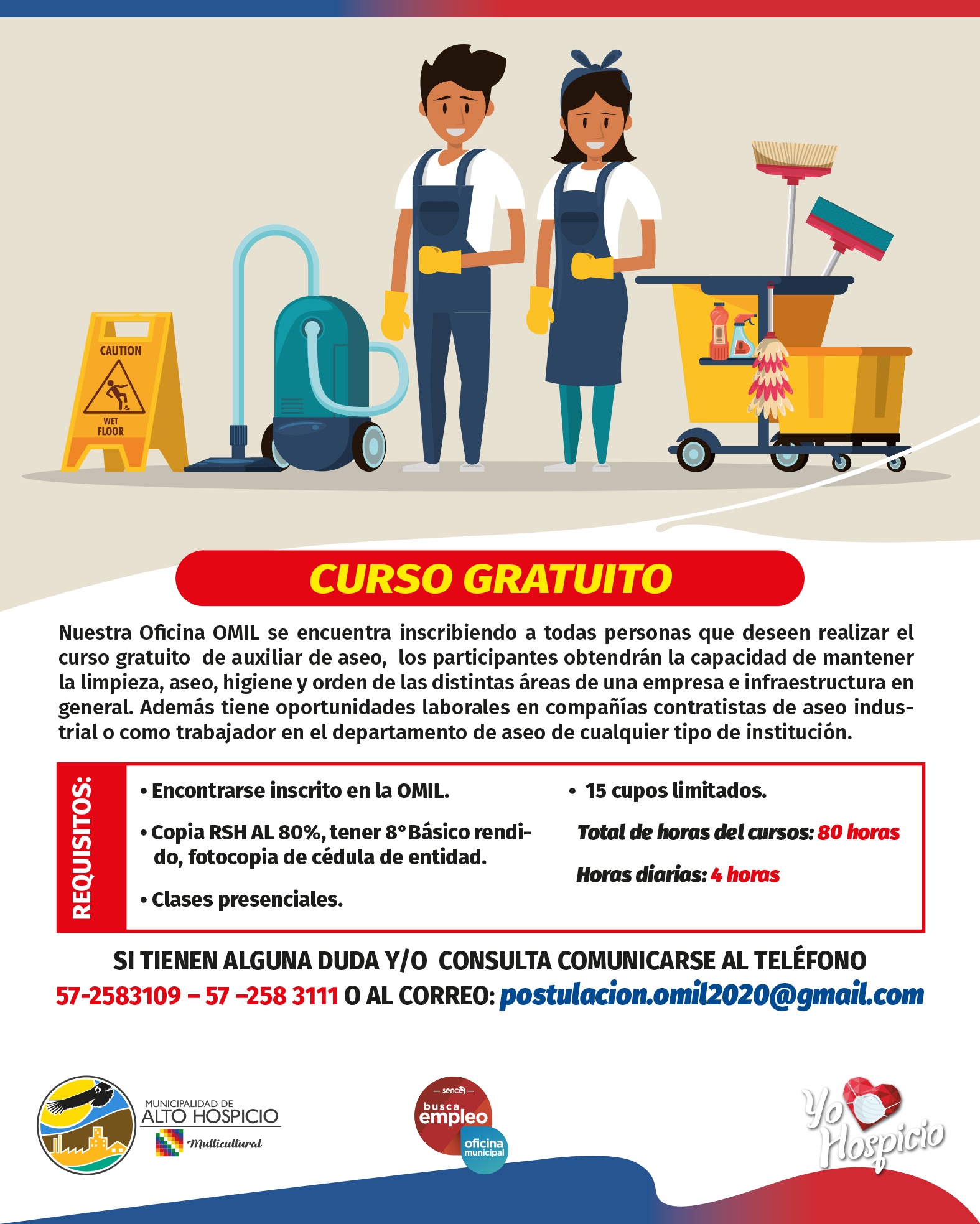 Omil MAHO invita a curso gratuito de auxiliar de aseo.