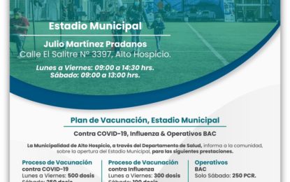 Este sábado 12 de mayo, se realizará vacunación contra COVID 19 e Influenza en el estadio municipal de 9 a 13 horas. Además se llevará a cabo operativo PCR, en este mismo recinto.