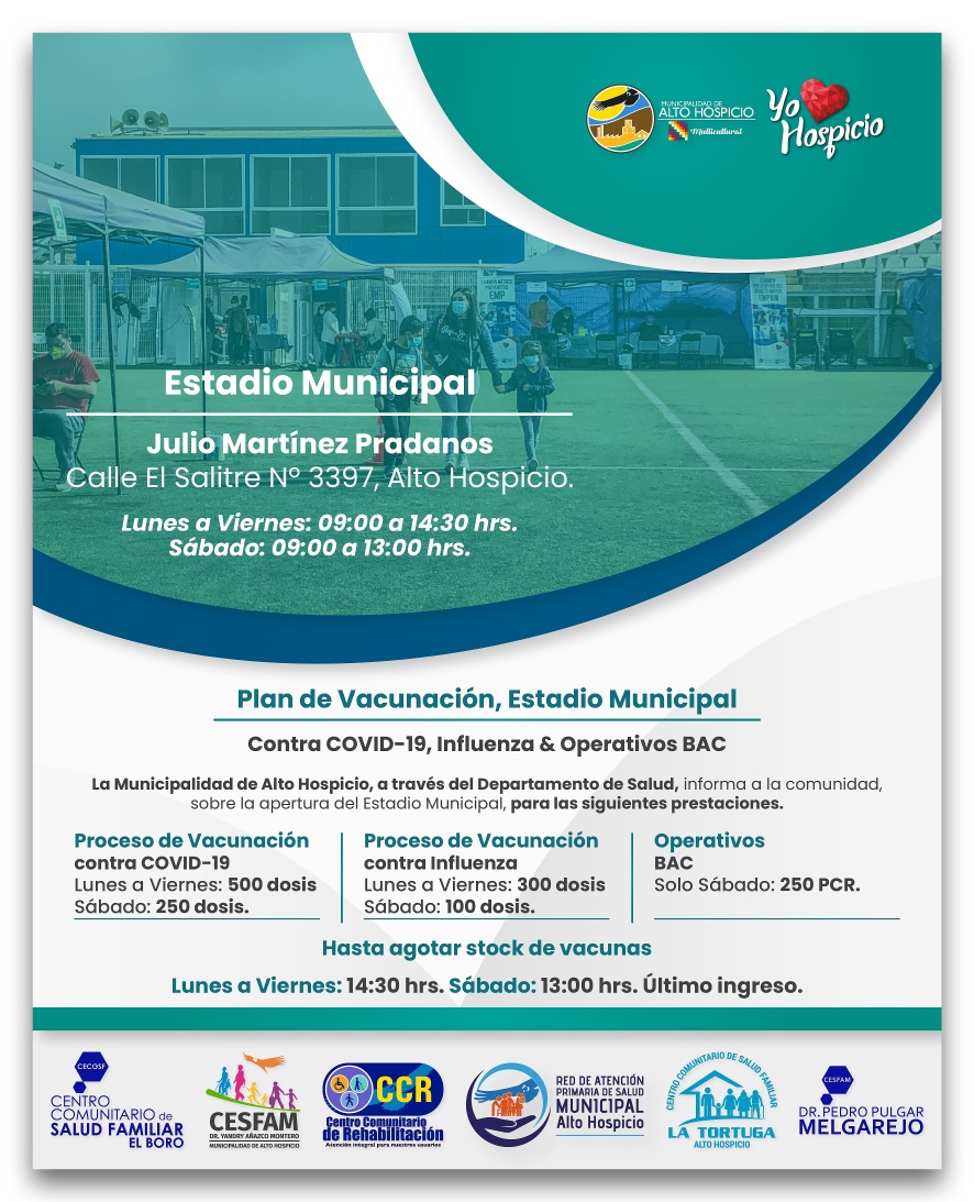 Este sábado 12 de mayo, se realizará vacunación contra COVID 19 e Influenza en el estadio municipal de 9 a 13 horas. Además se llevará a cabo operativo PCR, en este mismo recinto.