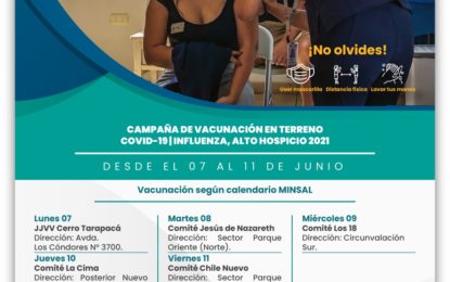 Les compartimos el calendario de vacunación en Terreno que se realizará entre los días 7 y 11 del presente mes de Junio