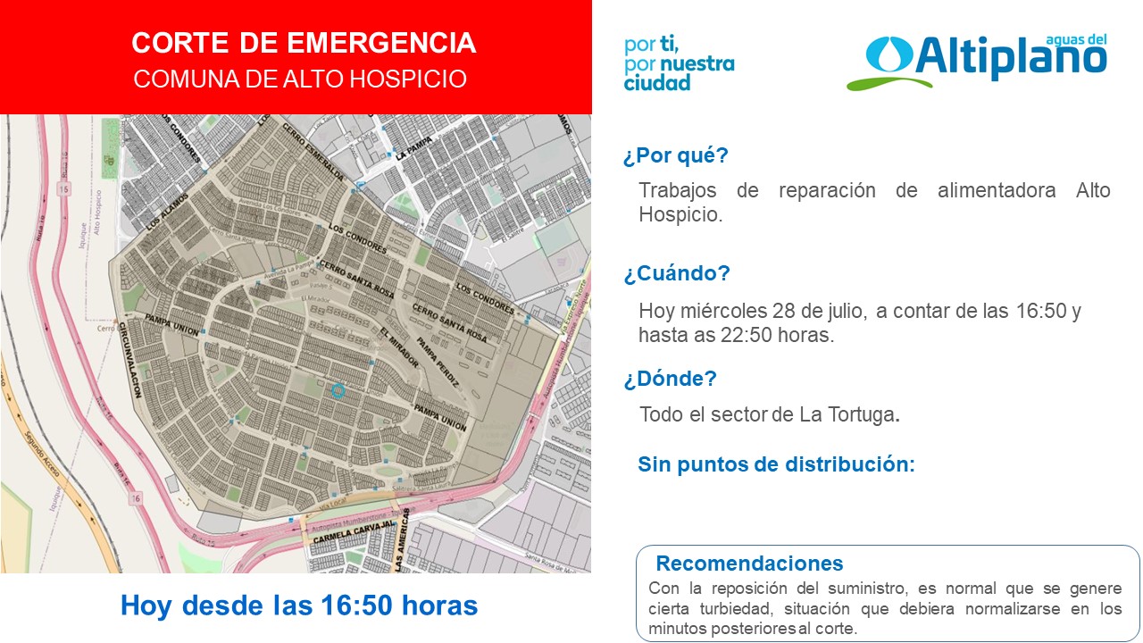 Aguas del Altiplano informa corte de emergencia en el sector sur de la comuna de Alto Hospicio