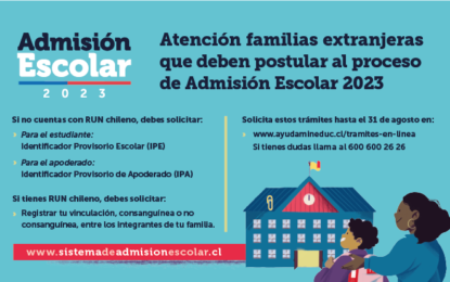 El próximo miércoles 10 de agosto comienza el proceso de postulación para la Admisión Escolar para el año 2023, que será a través de la plataforma web www.sistemadeadmisionescolar.cl y estará disponible hasta el miércoles 7 de septiembre. Deberán postular a este proceso quienes el próximo año ingresen por primera vez a un establecimiento público o particular subvencionado, quienes quieran cambiarse de establecimiento o se encuentren en un establecimiento que no tiene continuidad en el siguiente nivel, y quienes quieran reingresar al sistema escolar.  Para los niños, niñas o adolescentes migrantes que no cuenten con cédula de identidad (RUN chileno) y que necesiten ingresar al sistema educacional público o particular subvencionado, previo a la postulación tendrán que solicitar el Identificador Provisorio Escolar (IPE), trámite que pueden hacer desde el 14 de julio en www.ayudamineduc.cl/tramites-en-linea  Además, el proceso de postulación exige que el padre, madre y/o tutor esté registrado como apoderado de un estudiante en edad escolar. En el caso de que el apoderado esté en proceso de regularización de su situación migratoria y no tenga cédula de identidad (RUN chileno), tendrá que solicitar, en el mismo sitio, el Identificador Provisorio del Apoderado (IPA) que les permitirá ingresar -desde el 10 de agosto- a la plataforma de Admisión Escolar para postular a un estudiante extranjero a los establecimientos educacionales de su preferencia.  Un tercer trámite disponible, para personas con RUN chileno que no estén vinculadas en el Registro Civil, es el registro de la vinculación consanguínea entre los integrantes de una familia (padres/hijos/hermanos) y/o las vinculaciones no consanguíneas (tutores legales/tutores simples). Lo anterior permite que familias chilenas o extranjeras, que cuenten con RUN chileno puedan posteriormente continuar con la postulación de uno o más estudiantes como sus apoderados.  Estos tres trámites deben realizarse hasta el 31 de agosto para así asegurar la postulación para la Admisión Escolar 2023.  ‘’Hacemos un llamado a las familias de estudiantes extranjeros para que realicen este trámite con anticipación y que se informen sobre este proceso 100% en línea que ya se encuentra disponible. Esta es una etapa previa a las postulaciones que comienzan el 10 de agosto. Es fundamental para que las y los estudiantes migrantes puedan ingresar al sistema educativo y así continuar con su proceso de aprendizaje’’, sostuvo el subsecretario de Educación, Nicolás Cataldo.  No deberán realizar este trámite los estudiantes extranjeros que:  Tengan IPE y ya cuenten con un apoderado registrado con RUN chileno o IPA. Se encuentren matriculados en establecimientos (públicos o particulares subvencionados) que tengan continuidad en el siguiente nivel y no deseen cambiarse de la escuela o liceo. Pasos para solicitar el IPE y/o IPA  Ingresar al sitio web https://www.ayudamineduc.cl/tramites-en-linea En “Solicitud de Identificador Provisorio (IPE) e Identificador Provisorio del Apoderado (IPA)” hacer clic en “Ir al trámite”. Completar la información requerida en los pasos 1 (identificación del apoderado); 2 (identificación del/los estudiantes); y 3 (enviar solicitud). Tras enviar la solicitud, se recibirá un comprobante del trámite al correo electrónico registrado. En ese correo se entrega un número de caso, el cual sirve para hacer seguimiento de la solicitud en https://ayudamineduc.cl/ en botón “Mis solicitudes”. En un plazo de cinco días hábiles se notificará por correo electrónico la respuesta a la solicitud (IPE y/o IPA). Pasos para registrar vinculaciones consanguíneas entre los integrantes de una familia y/o las vinculaciones no consanguíneas (tutores legales/tutores simples)  Ingresar al sitio web https://tramites2.mineduc.cl/ En “Solicitar vinculación/es para postular al Sistema de Admisión Escolar (SAE), año académico 2023” hacer clic en “Iniciar sesión”. Ingresar RUN y clave única. Completar los datos del apoderado y el estudiante, adjuntando los documentos que solicita (fotografía o pdf): cédula de identidad chilena del apoderado y certificado de nacimiento del estudiante. En caso de tutor legal, es necesario contar con la documentación legal que acredite el cuidado personal del postulante. Los archivos enviados deben ser legibles. Enviar solicitud. Tras enviar la solicitud, se recibirá un comprobante del trámite al correo electrónico registrado. En ese correo se entrega un número de caso, el cual sirve para hacer seguimiento de la solicitud en https://ayudamineduc.cl/ en botón “Mis solicitudes”. En un plazo de cinco días hábiles se notificará por correo electrónico la respuesta a la solicitud de vinculación.     Trámites a realizar para cada uno de los casos  Casos  Apoderado: Padre, madre o tutor  Estudiante  Trámite  Padre, madre y/o tutor que busca registrarse como apoderado y obtener IPE e IPA.  No tiene RUN chileno y requiere un Identificador Provisorio del Apoderado (IPA).  No tiene RUN chileno y requiere Identificador Provisorio Escolar (IPE).  Ingresar a https://www.ayudamineduc.cl/tramites-en-linea y seguir los siguientes pasos:  Paso 1: Completar todos los datos requeridos del apoderado, adjuntando (fotografía o pdf) del DNI.  Paso 2: Ingresar los datos del estudiante, adjuntando archivo (fotografía o pdf) del DNI y certificado de nacimiento. Los archivos enviados deben ser legibles. Paso 3: Enviar la solicitud.  Padre, madre y/o tutor que busca registrarse como apoderado del estudiante.  Sí tiene RUN chileno.           Sí tiene RUN chileno.  Ingresar a https://tramites2.mineduc.cl/ y seguir los siguientes pasos:  Paso 1: En “Solicitar vinculación/es para postular al Sistema de Admisión Escolar (SAE), año académico 2023” hacer clic en “Iniciar sesión”.  Paso 2: Ingresar RUN y clave única.  Paso 3: Completar los datos del apoderado y el estudiante, adjuntando los documentos que solicita (fotografía o pdf): cédula de identidad chilena del apoderado y certificado de nacimiento del estudiante.  En caso de tutor legal, es necesario contar con la documentación legal que acredite el cuidado personal del postulante. Los archivos enviados deben ser legibles.  Paso 4: Enviar solicitud.  Padre, madre y/o tutor que busca registrarse como apoderado y obtener IPE para el estudiante.   Sí tiene RUN chileno.  No tiene RUN chileno y requiere Identificador Provisorio Escolar (IPE).  Ingresar a https://www.ayudamineduc.cl/tramites-en-linea y seguir los siguientes pasos:  Paso 1: Completar todos los datos requeridos del apoderado, adjuntando (fotografía o pdf) de la cédula de identidad (RUN).  Paso 2: Ingresar los datos del estudiante, adjuntando archivo (fotografía o pdf) del DNI y certificado de nacimiento. Los archivos enviados deben ser legibles. Paso 3: Enviar la solicitud.  Padre, madre y/o tutor que busca registrarse como apoderado de un estudiante que postula por primera vez al Sistema de Admisión Escolar. Además, requiere IPE para el estudiante.  Sí tiene Identificador Provisorio del Apoderado (IPA).        No tiene RUN chileno y requiere Identificador Provisorio Escolar (IPE).     Ingresar a https://www.ayudamineduc.cl/tramites-en-linea y seguir los siguientes pasos:  Paso 1: Completar todos los datos requeridos del apoderado, adjuntando (fotografía o pdf) del DNI.  Paso 2: Ingresar los datos del estudiante, adjuntando archivo (fotografía o pdf) del DNI y certificado de nacimiento. Los archivos enviados deberían ser legibles. Paso 3: Enviar la solicitud.  Padre, madre y/o tutor que busca registrarse como apoderado de un estudiante con IPE ya existente.  No tiene RUN chileno y requiere el Identificador Provisorio del Apoderado (IPA).  Sí tiene Identificador Provisorio Escolar (IPE).  Ingresar a https://www.ayudamineduc.cl/tramites-en-linea y seguir los siguientes pasos:  Paso 1: Completar todos los datos requeridos del apoderado, adjuntando (fotografía o pdf) del DNI.  Paso 2: Ingresar los datos del estudiante adjuntando archivo (fotografía o pdf) del del DNI y certificado de nacimiento.  Paso 3: Enviar la solicitud.   El IPE e IPA son provisorios, ya que se utilizan para que las familias extranjeras puedan ingresar al sistema escolar chileno mientras obtienen su cédula de identidad nacional. Luego de regularizar la situación migratoria del estudiante, se debe dar aviso al establecimiento educacional para reemplazar el IPE por el RUN (Registro Único Nacional) que es el documento de identidad válido en el país otorgado por el Registro Civil e Identificación.  Desde el 19 de julio, los apoderados podrán registrarse en la plataforma web www.sistemadeadmisionescolar.cl para conocer más información acerca de los establecimientos de su preferencia. Es importante recordar que el proceso de postulación para la Admisión Escolar 2023 estará disponible entre el 10 de agosto y el 7 de septiembre.  ¿Quiénes deben postular al proceso de Admisión Escolar 2023? El estudiante que:  •	Ingresa por primera vez a un establecimiento público o particular subvencionado. •	Quiere cambiarse de establecimiento. •	Quiere reingresar al sistema educativo.  •	Quien se encuentre en un establecimiento que no tiene continuidad en el siguiente nivel.               “Aviso de Confidencialidad: Este correo electrónico y/o el material adjunto es para uso exclusivo del emisor y la persona o entidad a la que expresamente se le ha enviado, y puede contener información confidencial o material privilegiado. Si usted no es el destinatario legítimo del mismo, por favor repórtelo inmediatamente al remitente del correo y bórrelo. Cualquier revisión, retransmisión, difusión o cualquier otro uso de este correo, por personas o entidades distintas a las del destinatario legítimo, queda expresamente prohibido. Este correo electrónico no pretende ni debe ser considerado como constitutivo de ninguna relación legal, contractual o de otra índole similar. El Ministerio no asume ninguna responsabilidad por los daños y perjuicios resultantes o que tengan conexión con el empleo indebido de esta información; su mal uso será sancionado de conformidad a lo establecido en la la normativa legal vigente al efecto, en particular, de conformidad a lo establecido en las políticas de seguridad de la información actualmente vigentes y a la aplicación de la Ley Nº 19.628, sobre protección de la vida privada”  “Aviso de Confidencialidad: Este correo electrónico y/o el material adjunto es para uso exclusivo del emisor y la persona o entidad a la que expresamente se le ha enviado, y puede contener información confidencial o material privilegiado. Si usted no es el destinatario legítimo del mismo, por favor repórtelo inmediatamente al remitente del correo y bórrelo. Cualquier revisión, retransmisión, difusión o cualquier otro uso de este correo, por personas o entidades distintas a las del destinatario legítimo, queda expresamente prohibido. Este correo electrónico no pretende ni debe ser considerado como constitutivo de ninguna relación legal, contractual o de otra índole similar. El Ministerio no asume ninguna responsabilidad por los daños y perjuicios resultantes o que tengan conexión con el empleo indebido de esta información; su mal uso será sancionado de conformidad a lo establecido en la normativa legal vigente al efecto, en particular, de conformidad a lo establecido en las políticas de seguridad de la información actualmente vigentes y a la aplicación de la Ley Nº 19.628, sobre protección de la vida privada …